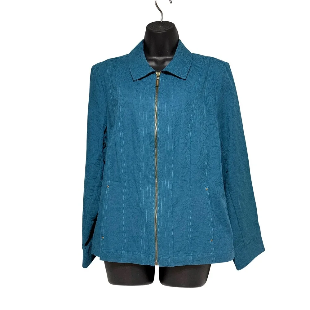 Coldwater Creek Womens Jacket Size 16 Teal Long Sleeve‎ 2 Pockets 100% Cotton